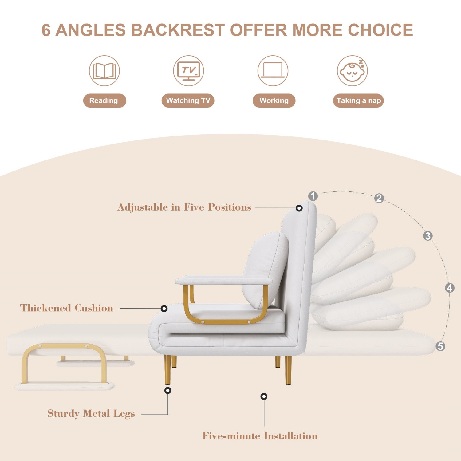 Convertible Sofa Bed 5-in-1 Multi-Function Folding Single Sofa Chair w/ Pillow