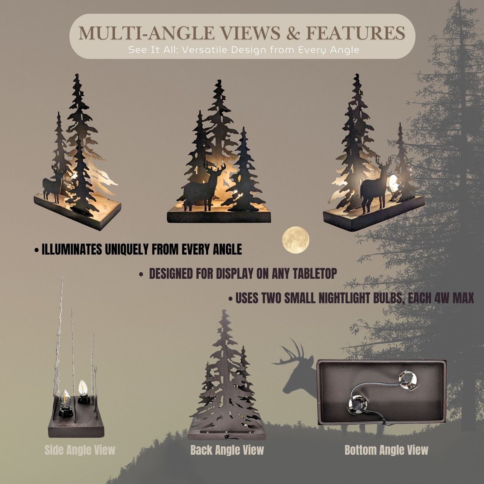 Rustic Deer Silhouette Lamp – Dark Brown Forest Table Light for Cabin Décor