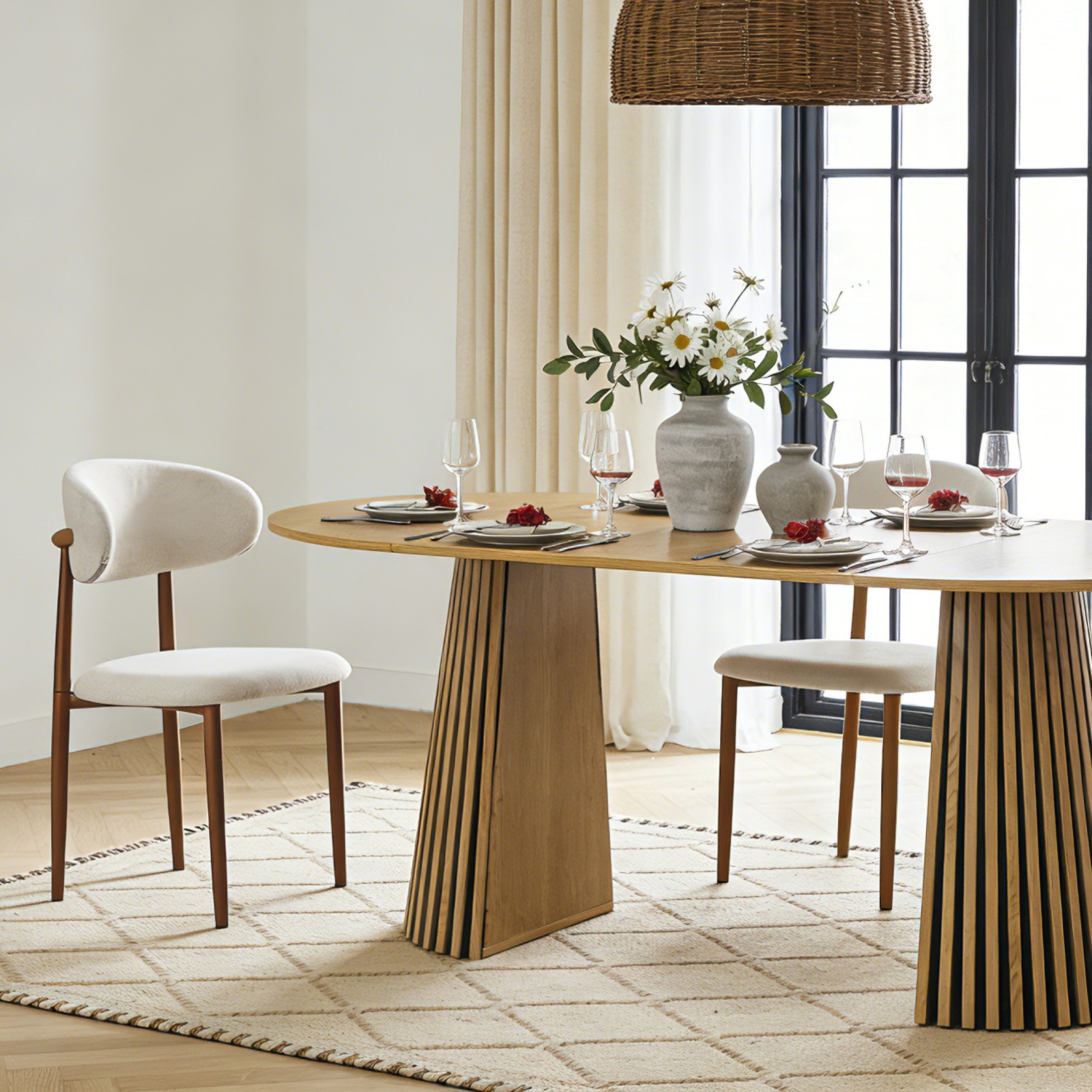 Solid Wood Extendable Dining Table Set with 2 Rattan Chairs, Beige Cushions