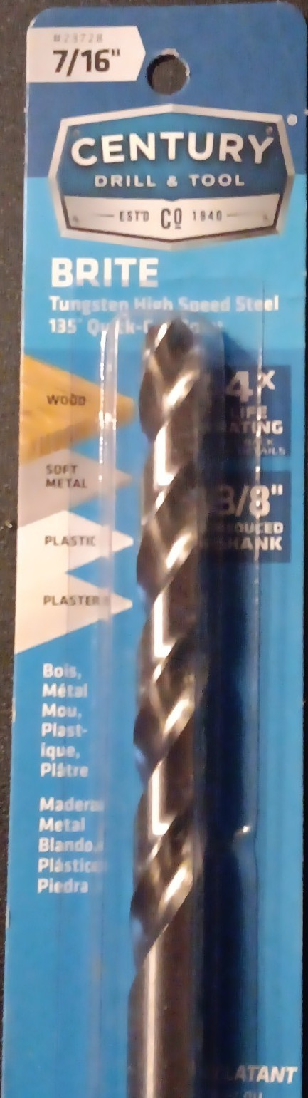 CENTURY 23728 Brite Tungsten High Speed Steel 7/16 in Drill Bit Wood Metal