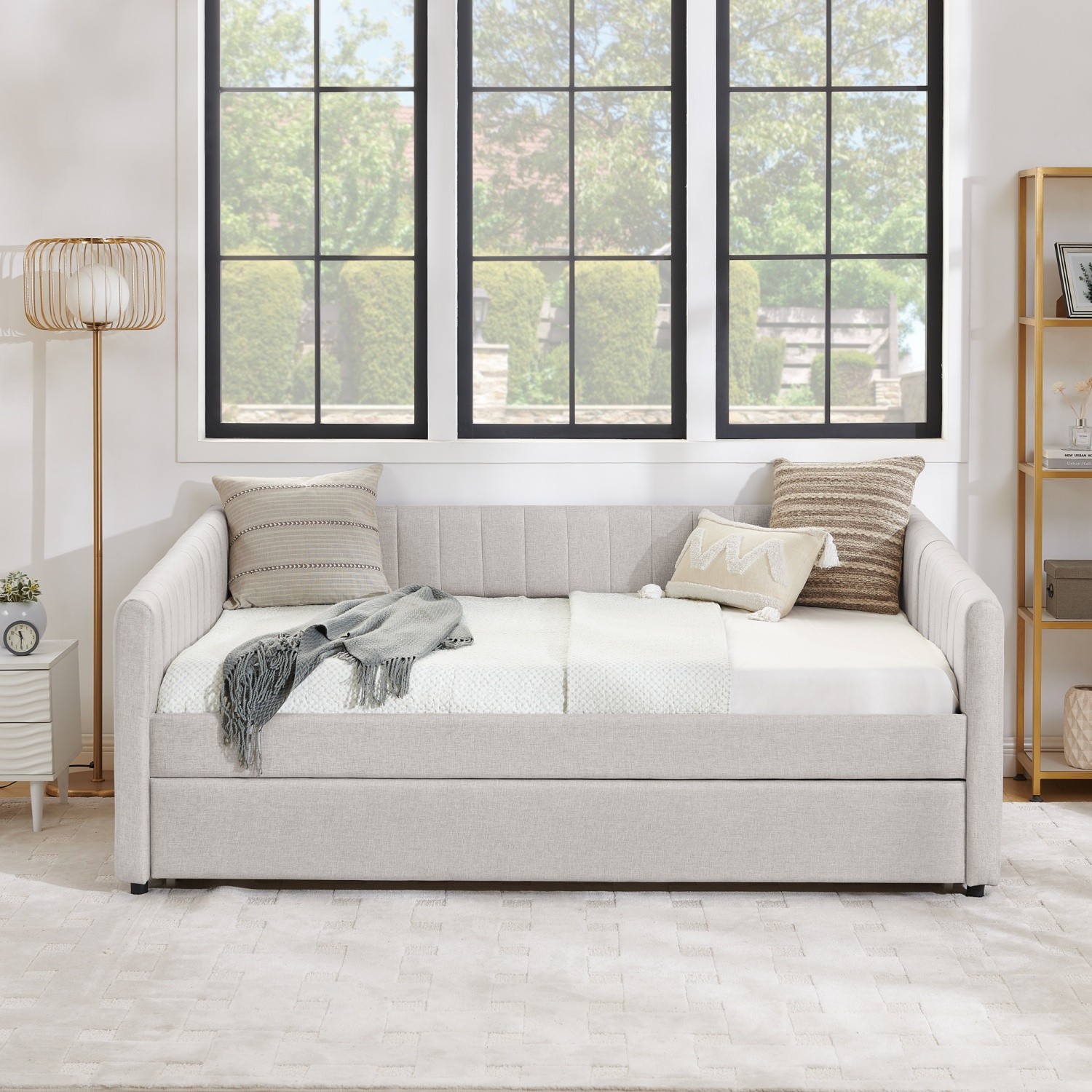 Full Daybed Modern Linen Upholstered Bed Frame Sofa Bed with Pull-Out Trundle