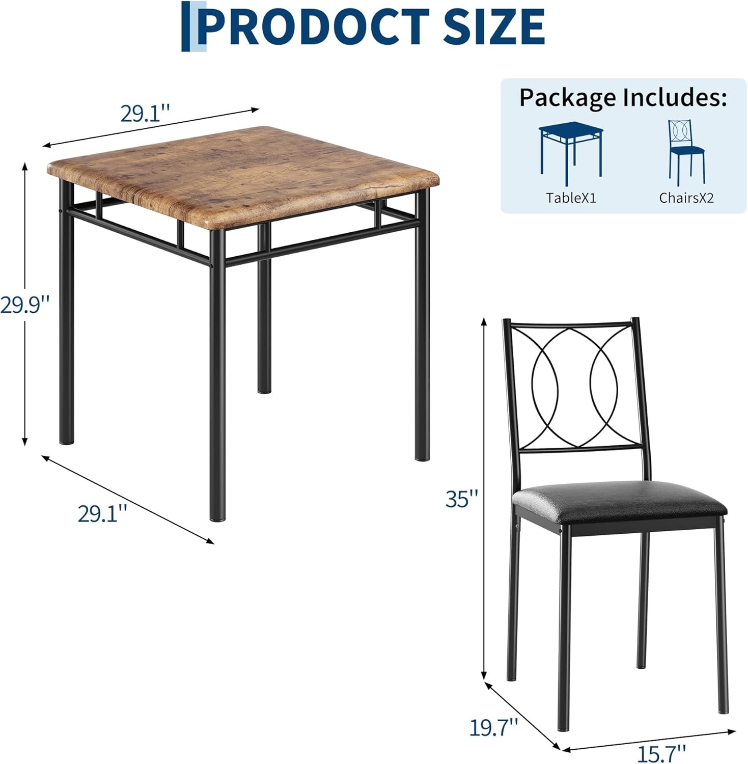 Space-Saving Dining Table Set for 2 – 3-Piece Farmhouse Wooden Table &