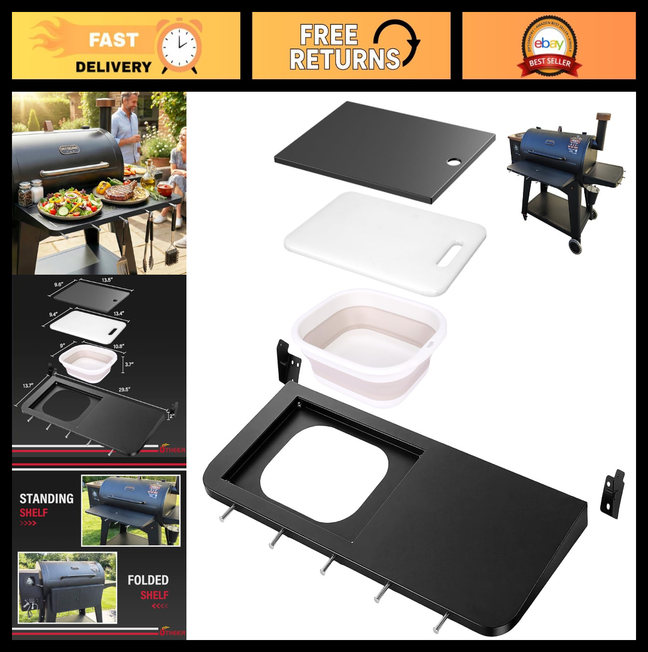 Heavy-Duty Folding BBQ Prep Table for Pellet Grills, 29.5" x 13.7", with Cutting