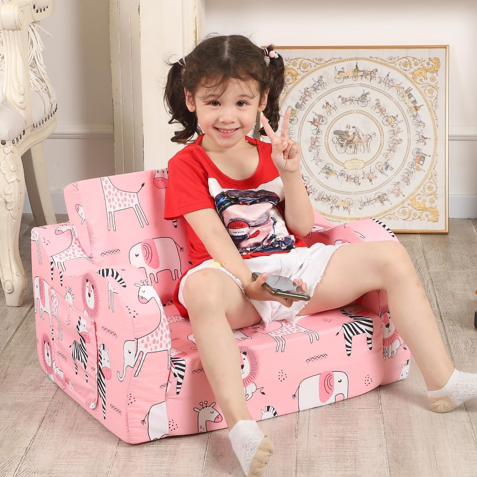 Sofa, 2-in-1 Flip-Out Foam Couch, Foldable Soft Play Lounge Chair, Pink