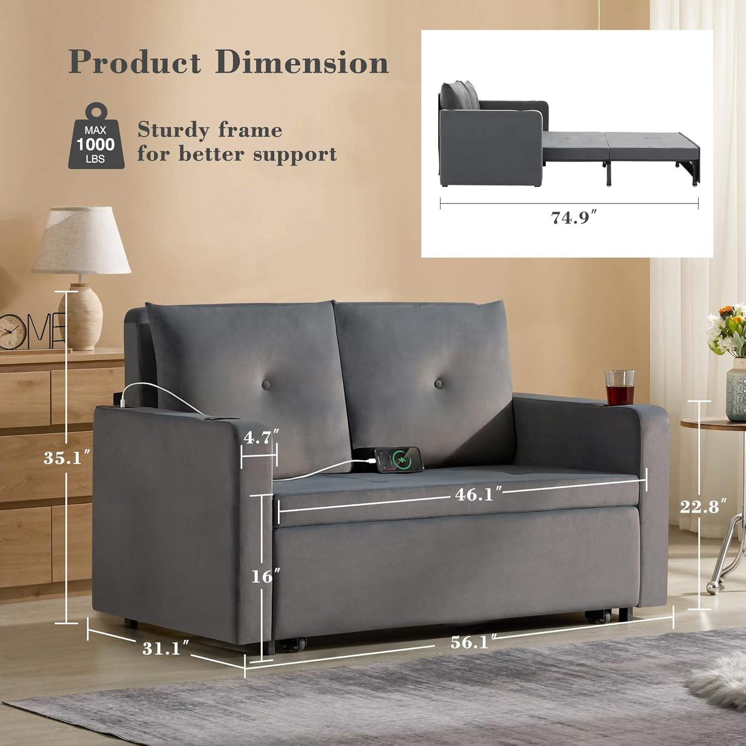 3 in 1 Pull Out Couch, 56 Inch Velvet Sofa Bed, Convertible Loveseat Sleeper Sof