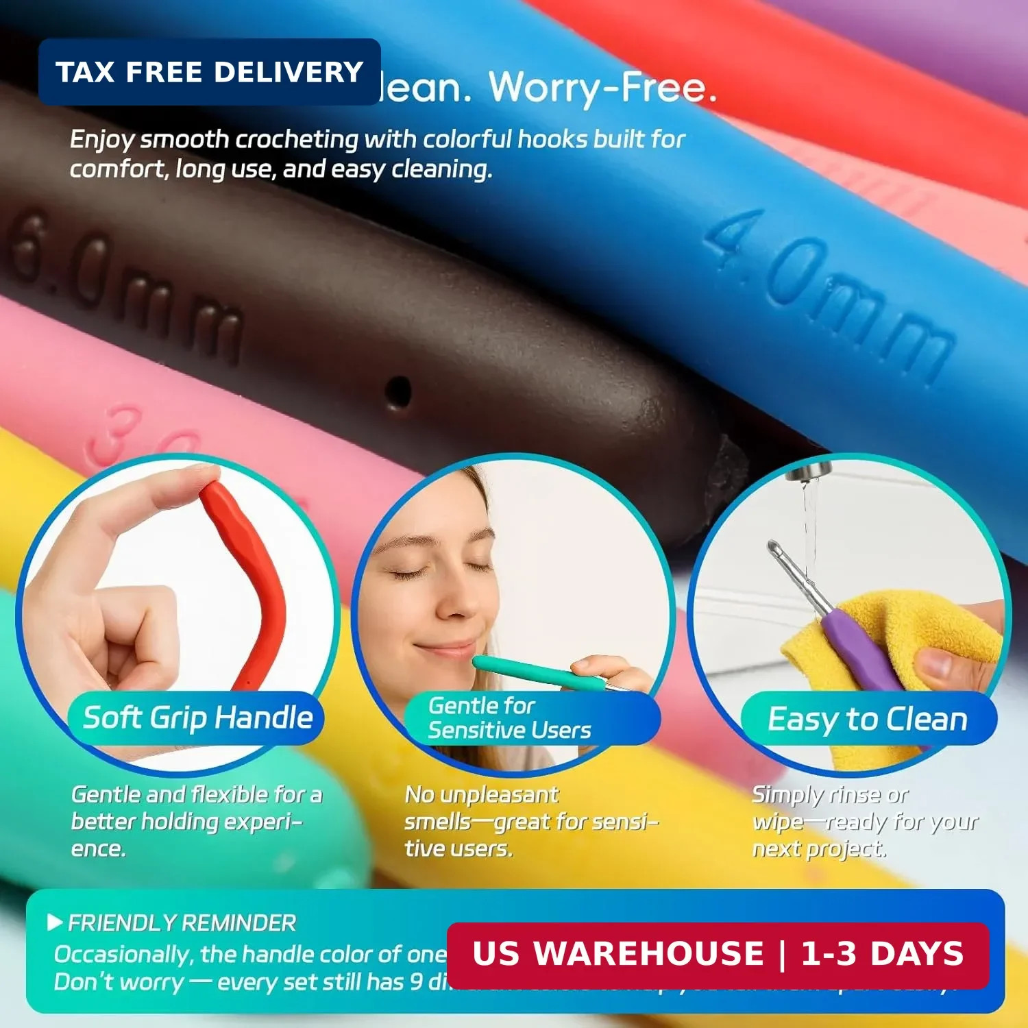 9PCS Ergonomic Crochet Hooks Set by Flickzo - Aluminum Crochet Hook Set with Sof