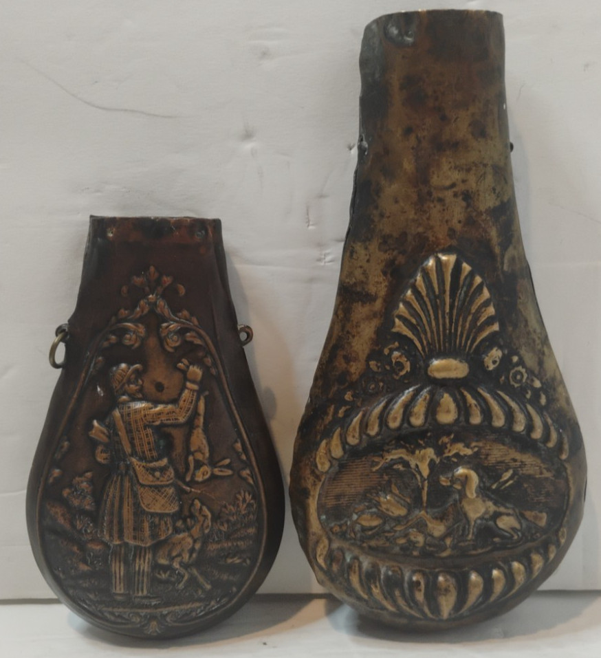 (2) Antique Embossed Copper/Brass Powder Flask w/ Hunting Theme
