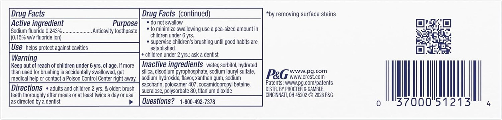 Crest Tartar Protection & Anticavity Toothpaste with Fluoride, Regular Paste,2.4