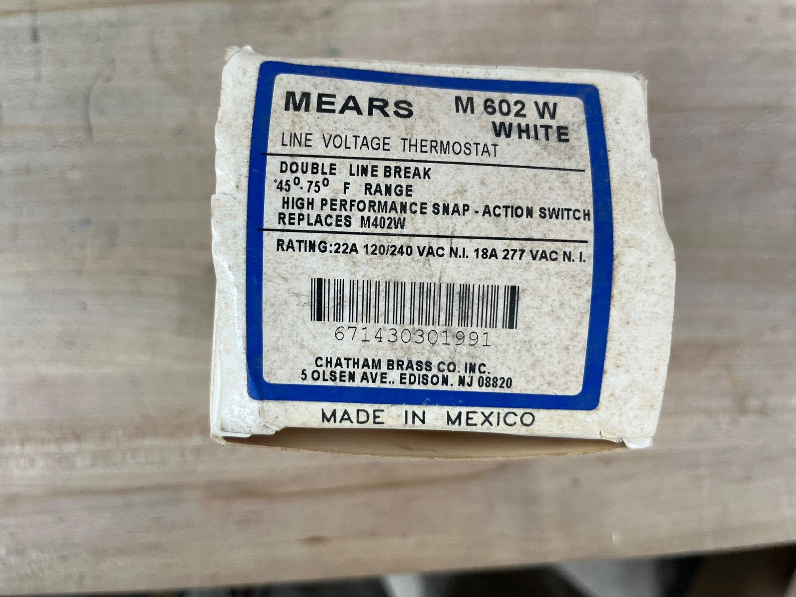NOS MARLEY M 602 W M602W 602W WHITE LINE VOLTAGE THERMOSTAT 22A 120/240/277 VAC