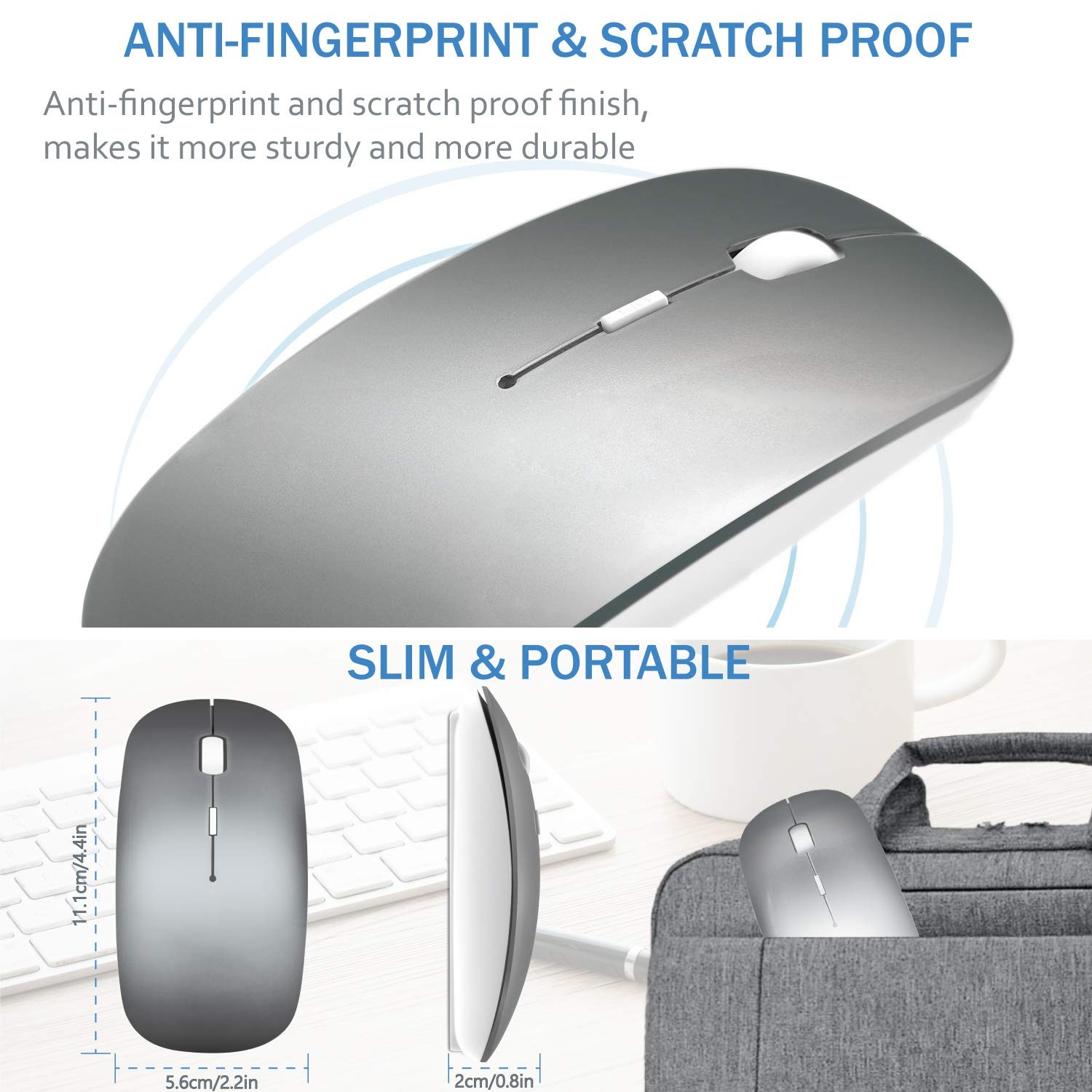 Bluetooth Wireless Mouse for MacBook Air Mac Pro Laptop 4.7*2.7*1.3inch, Grey