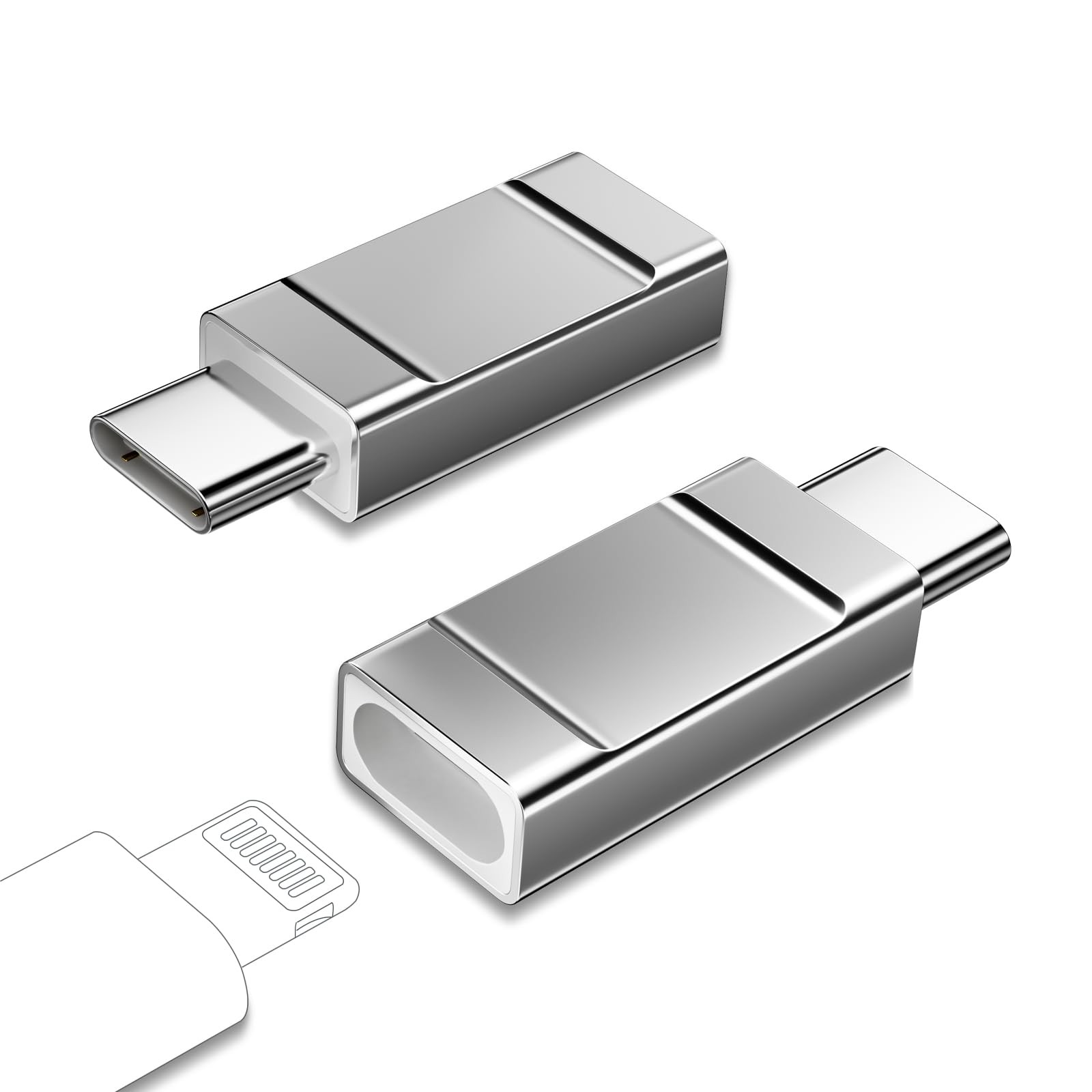 Lightning to USBC Adapter 2 Pack Female USB C Male Silver