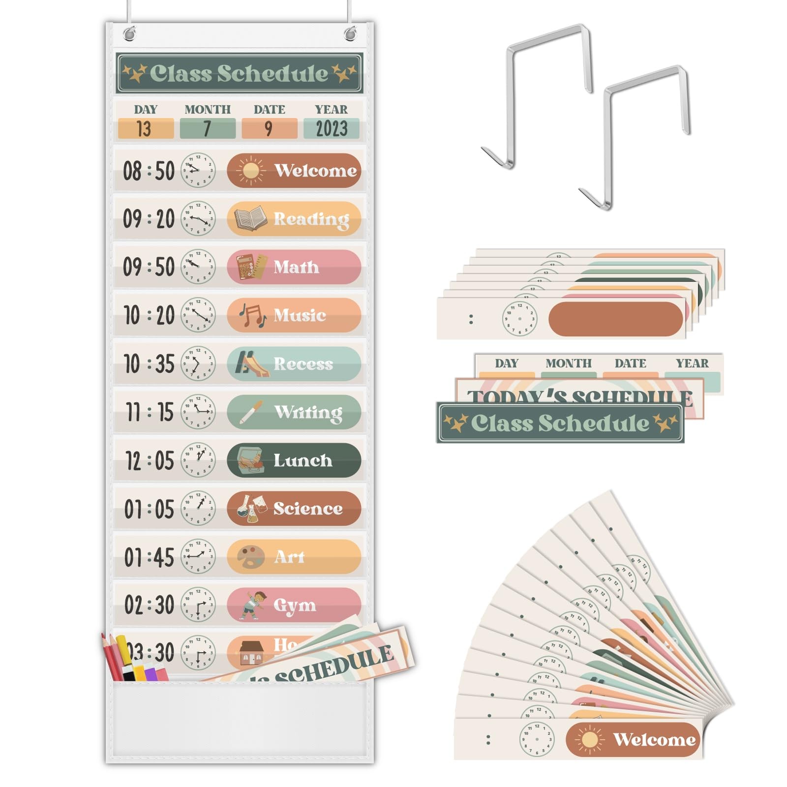 Boho Daily Schedule Pocket Chart for Classroom with 24 Cards，Welcome Back to ...