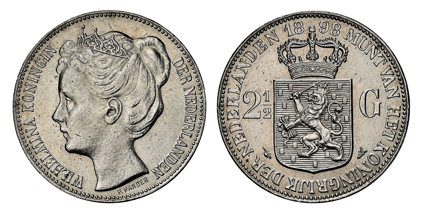 NETH. Wilhelmina I 1898 AR 2-1/2 Gulden. NGC MS60. KM 123. P Pander; Sch.-782.