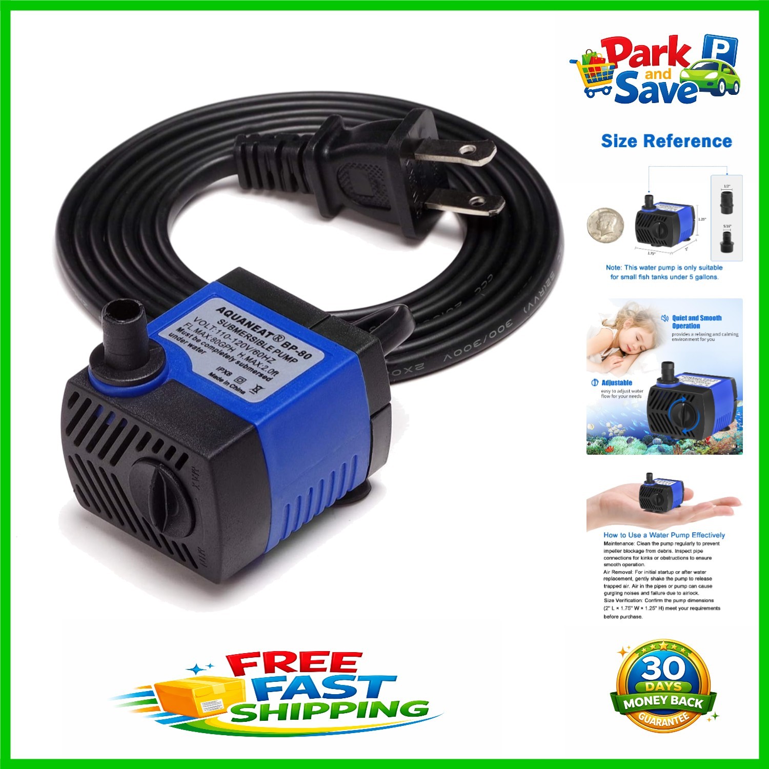 80 GPH Submersible Pump - Ideal for Small Aquariums and Water Features