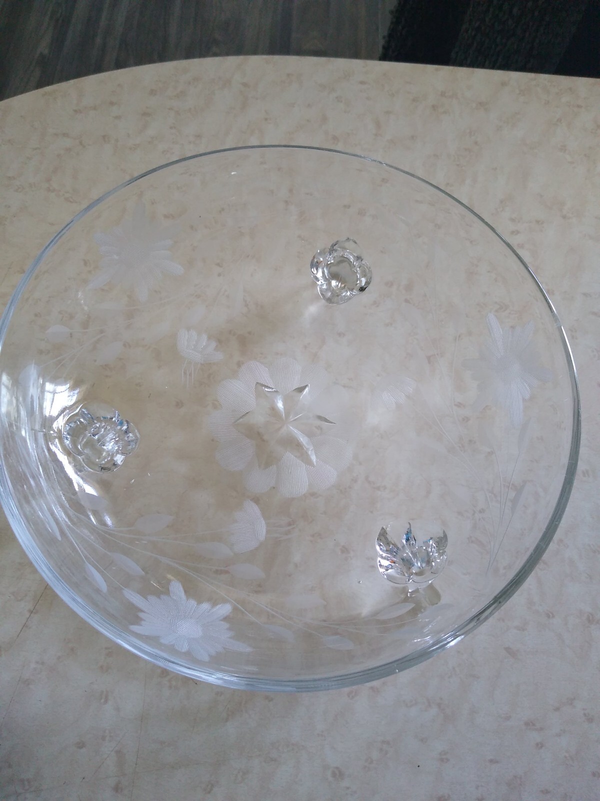 Floral Etched Glass Three Leg Candy Dish