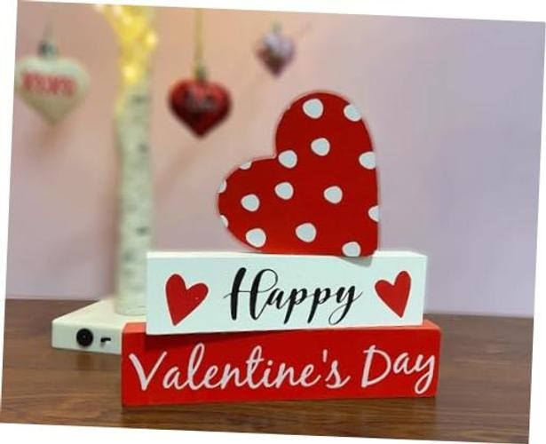 Valentines Day Wooden Sign Happy Valentine's Day Table Decor Heart White Block