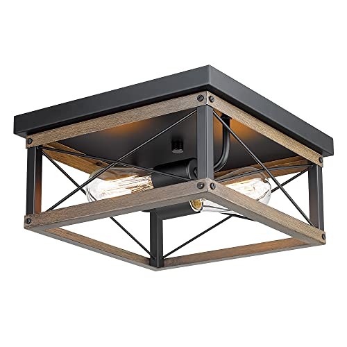 12-Inch Farmhouse Flush Mount Ceiling Light, 2-Light Square Rustic Ceiling