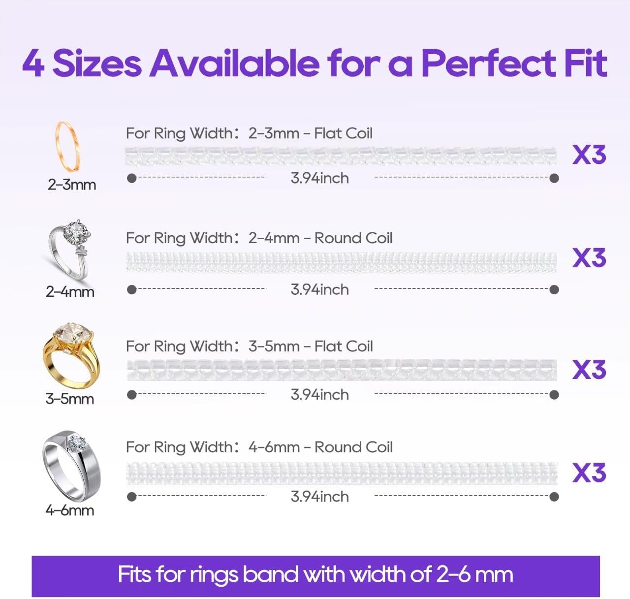12-Pack Ring Sizer for Loose Rings, 4 Sizes Invisible Ring Size Adjuster, Spiral