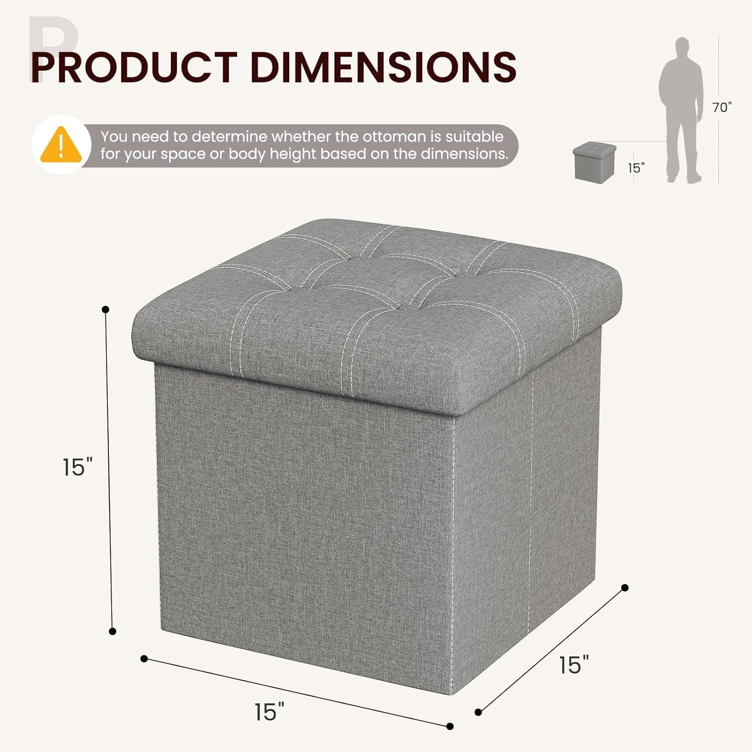 15 inches Storage Ottoman Cube, Foldable Storage Boxes, Padded Seat for Dorm ...
