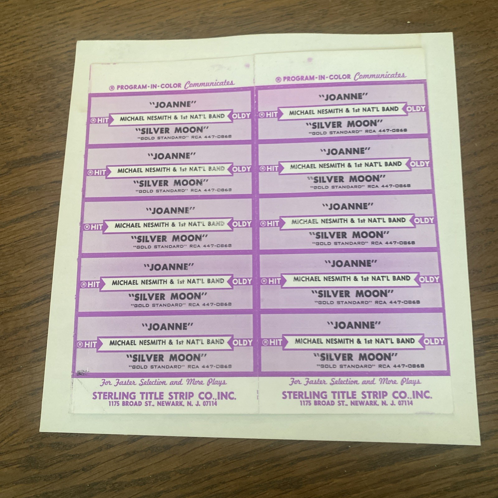 michael nesmith rare jukebox sterling title strip NOS