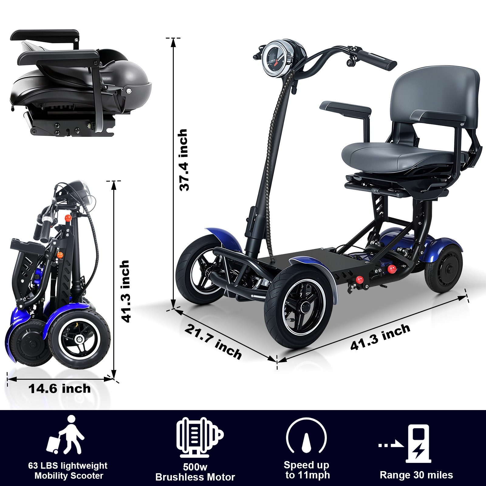 Foldable 4 Wheel Mobility Scooter Folding Drive Device for Seniors Adults US