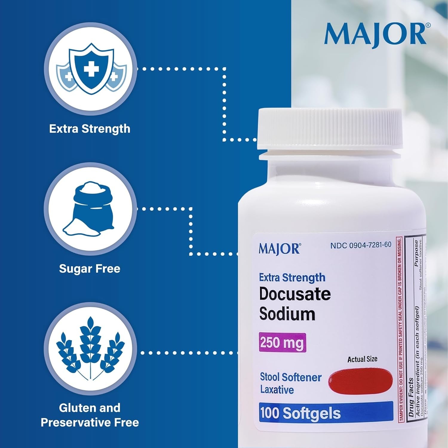 Major Docusate Sodium 250mg 100 Softgels – Constipation Relief - Stool Softner