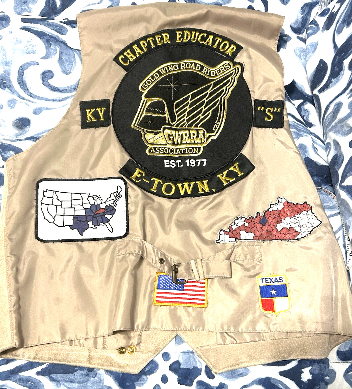 Gold Wing Honda Motorcycle Vest Tan SZ -XL Lots of Patches See Pics