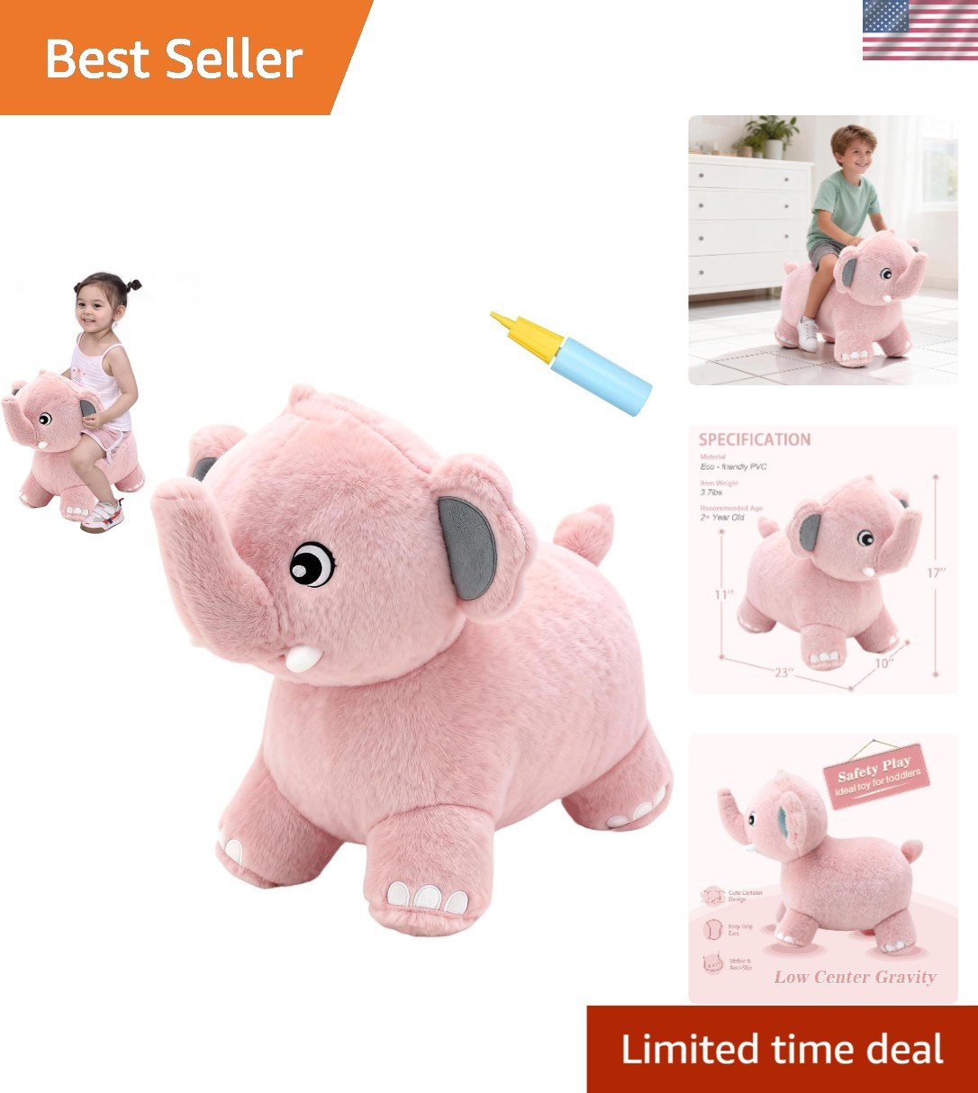 Bouncy Horse, Elephant Hopper Toys, Toddler Plush Bouncing Animal, Kids Infla...