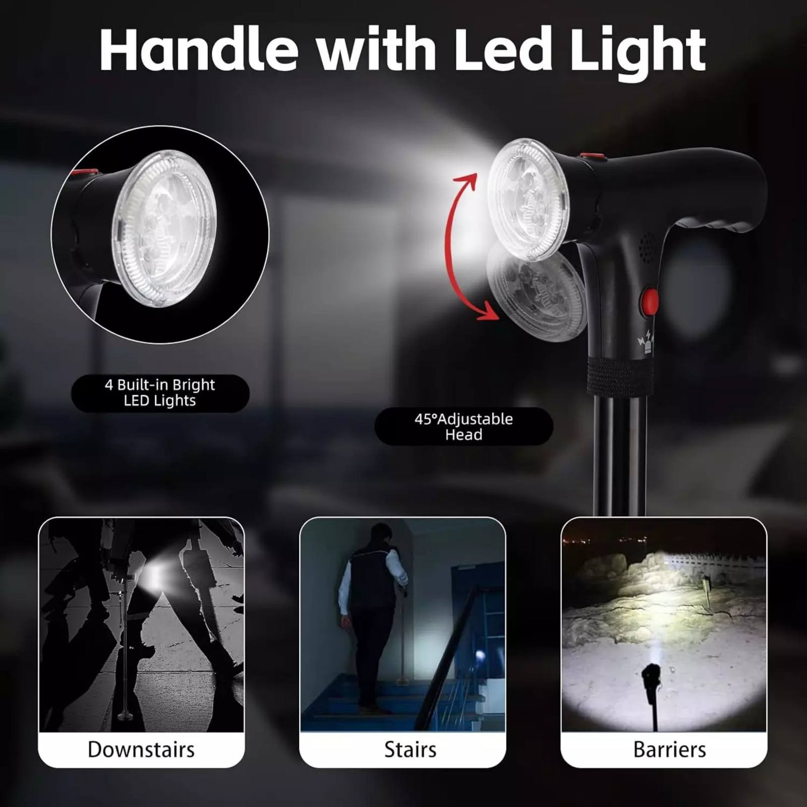 1PC Foldable Walking Cane W/LED Light&Alarm Adjustable Height Non-Slip Base