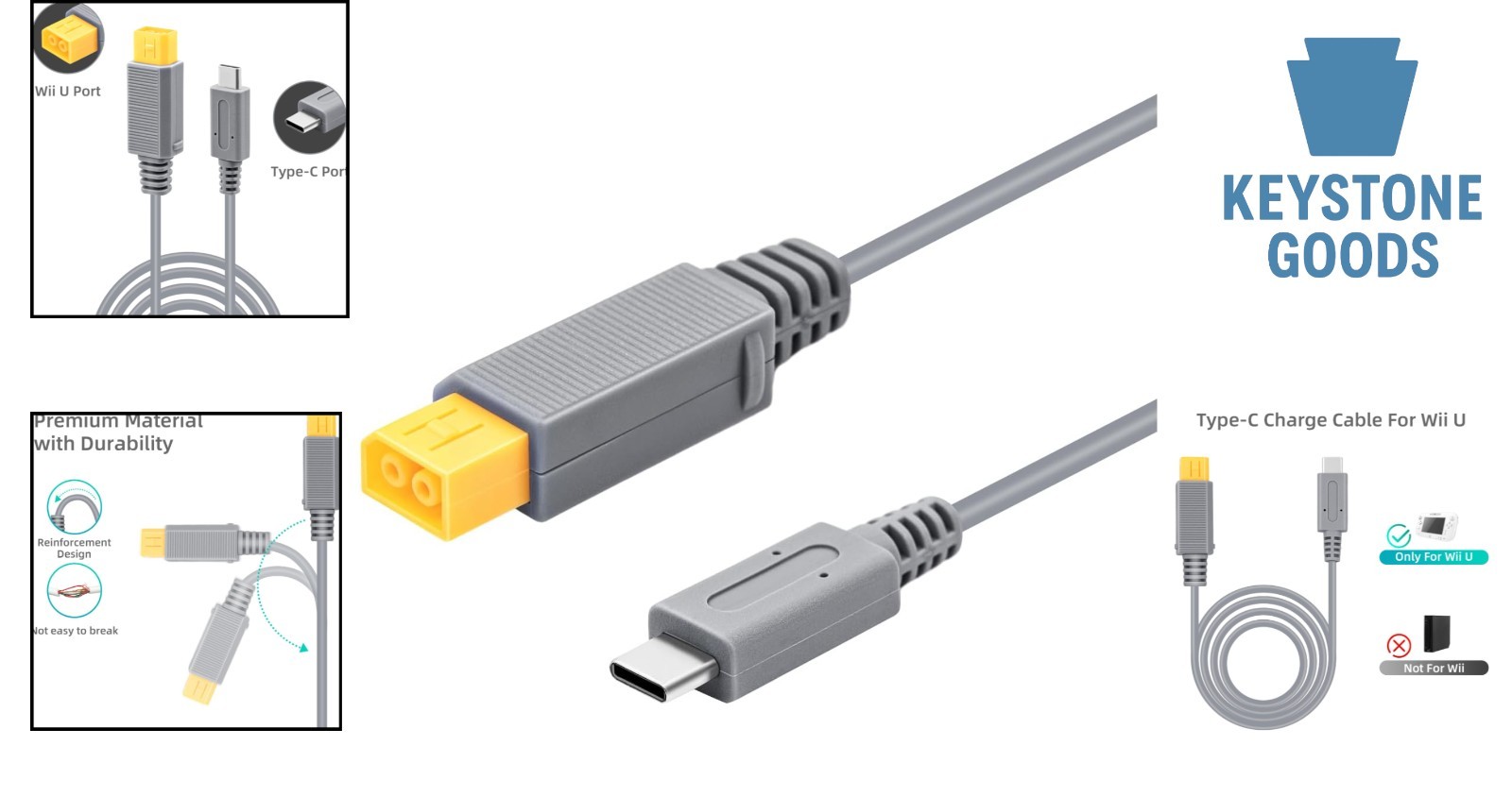 6.5Ft Type C Power Cable for Wii U - Compatible with 35W-65W Power Adapter