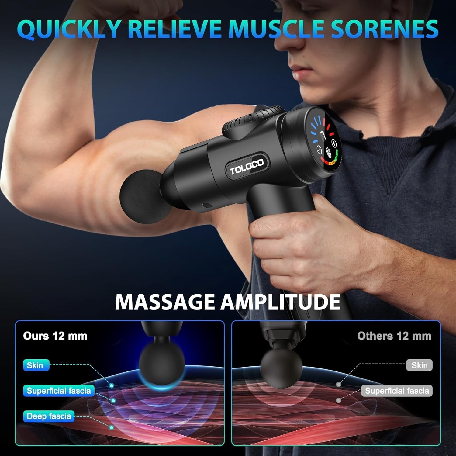 TOLOCO EM26 Deep Tissue Massage Gun 10 Heads Percussion Massager Black