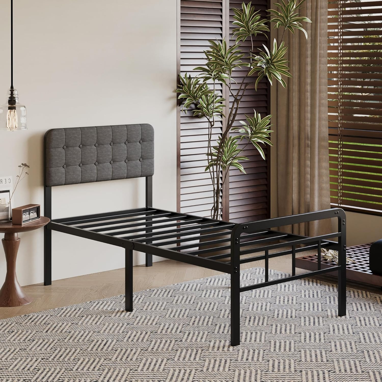 18 Inch Twin Bed Frame with Upholstered Headboard and Footboard, Heavy Duty Meta