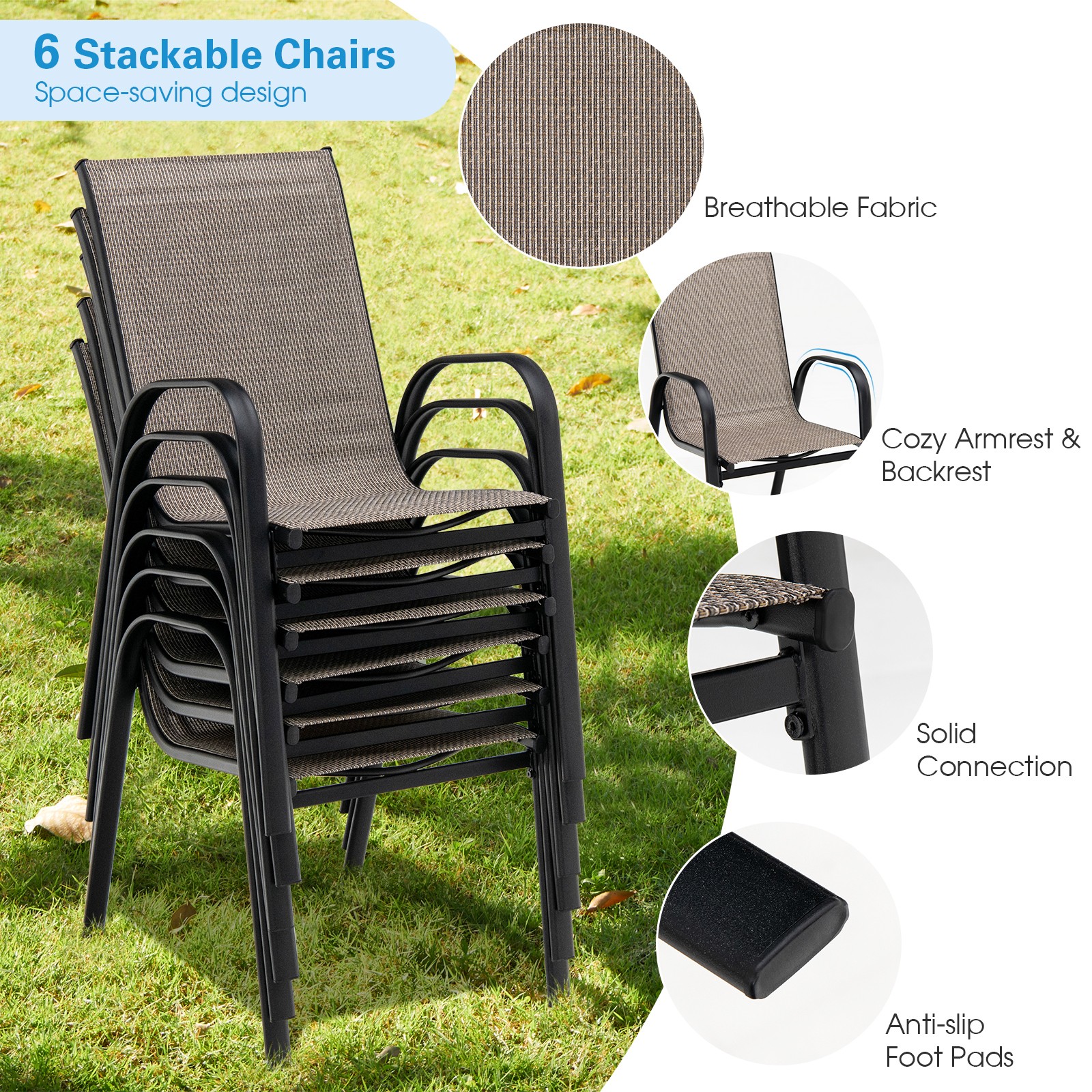 Patiojoy Set of 6 Patio Dining Stackable Chairs Armrests Space Saving Backyard