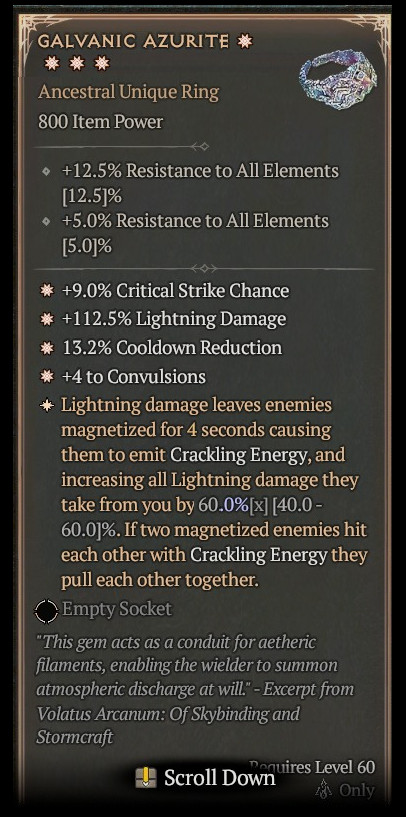 ☀️☀️☀️☀️DIABLO 4🔥SEASON 12🔥GALVANIC AZURITE RING💥4GA -MAX 60% ASPECT