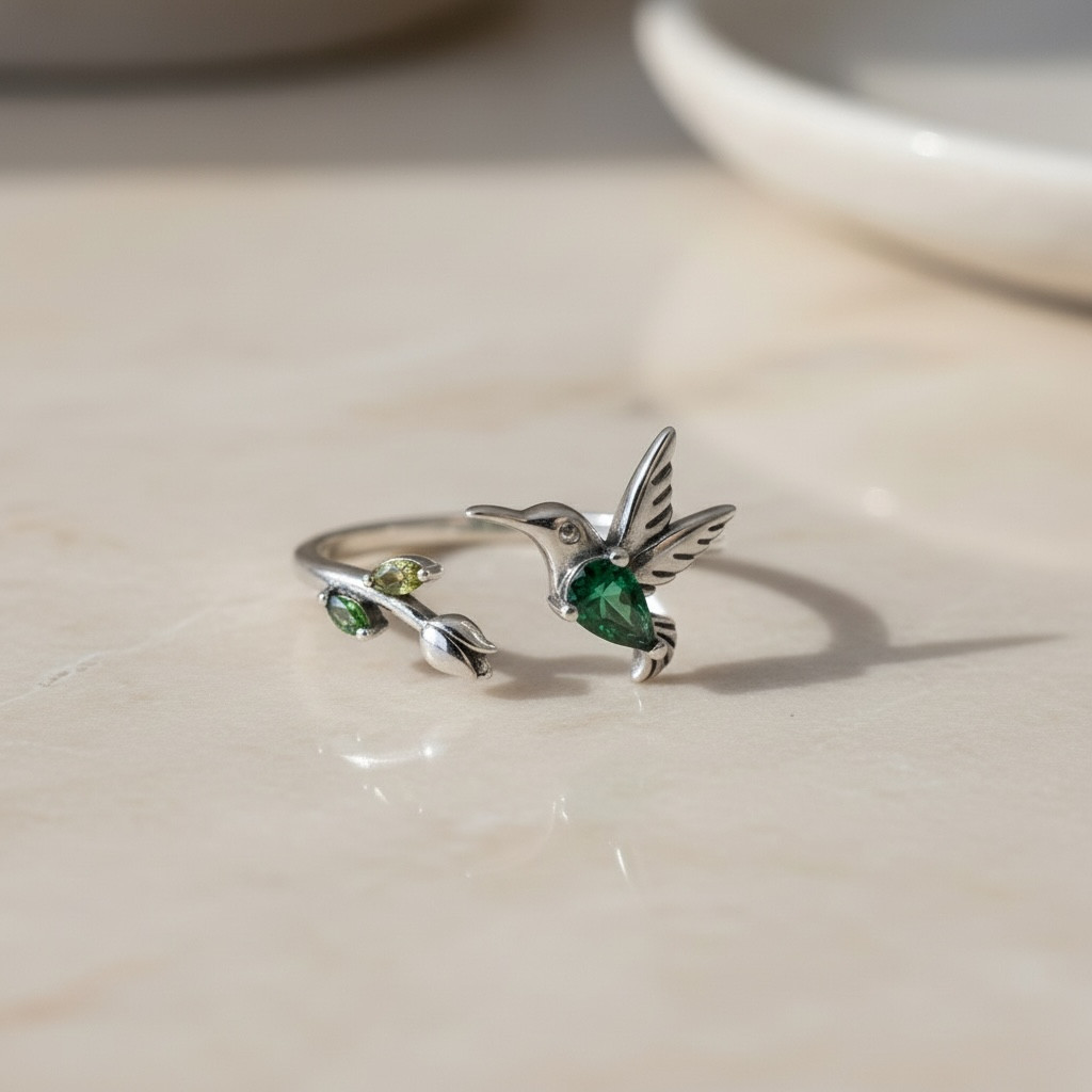 Hummingbird Ring: Sterling Silver Rose Flower Leaf Wrap, Adjustable Band