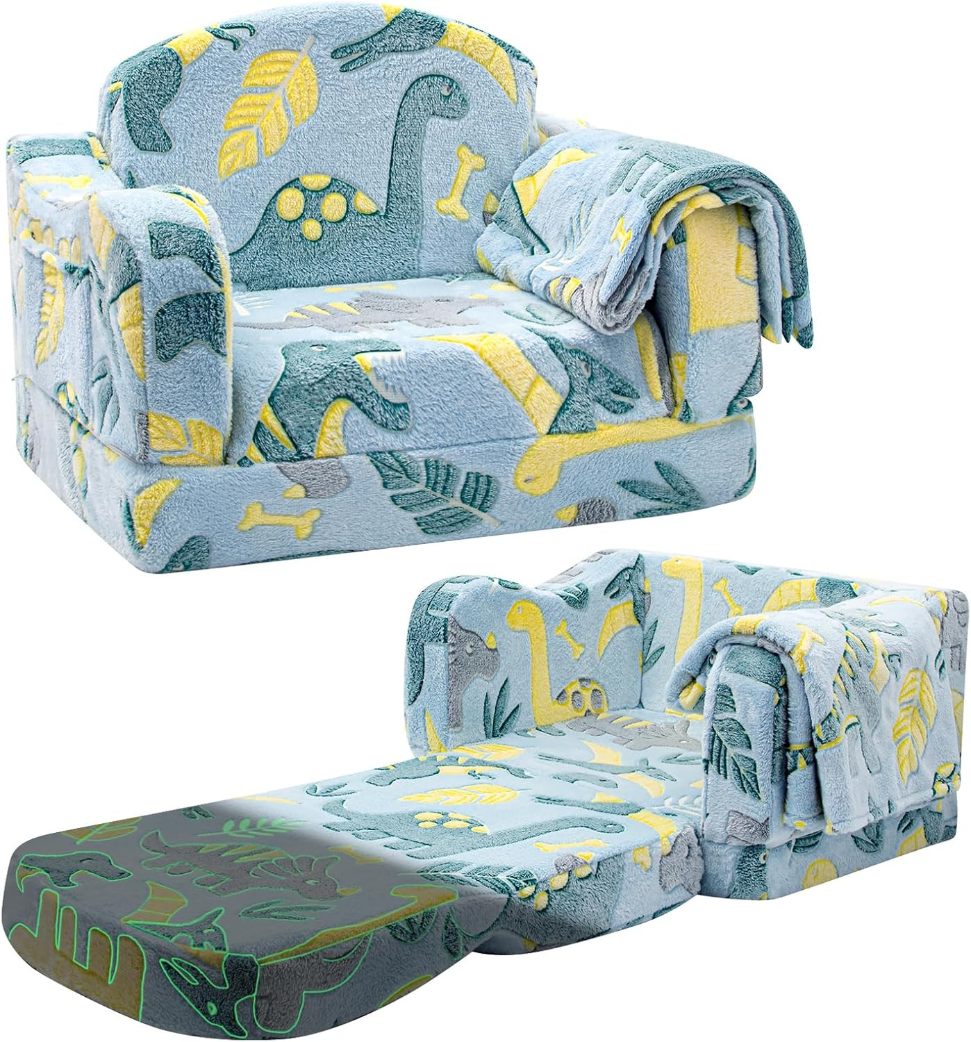 Comfy Toddler Chair and Couch for Kids with Blanket,2-In-1 Soft Plush Fold Out T