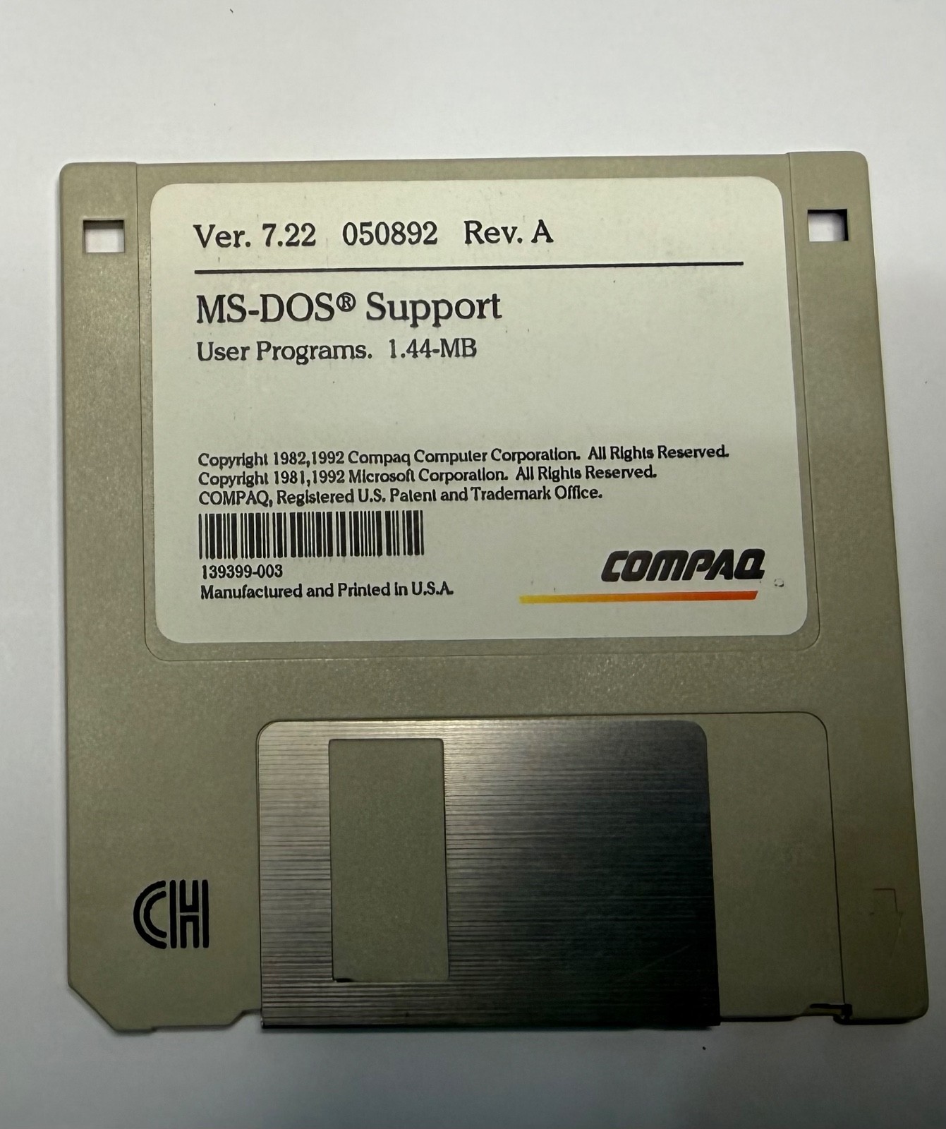 Microsoft MS-DOS Support Floppy for Compaq Version 7.22 050892 Rev. A