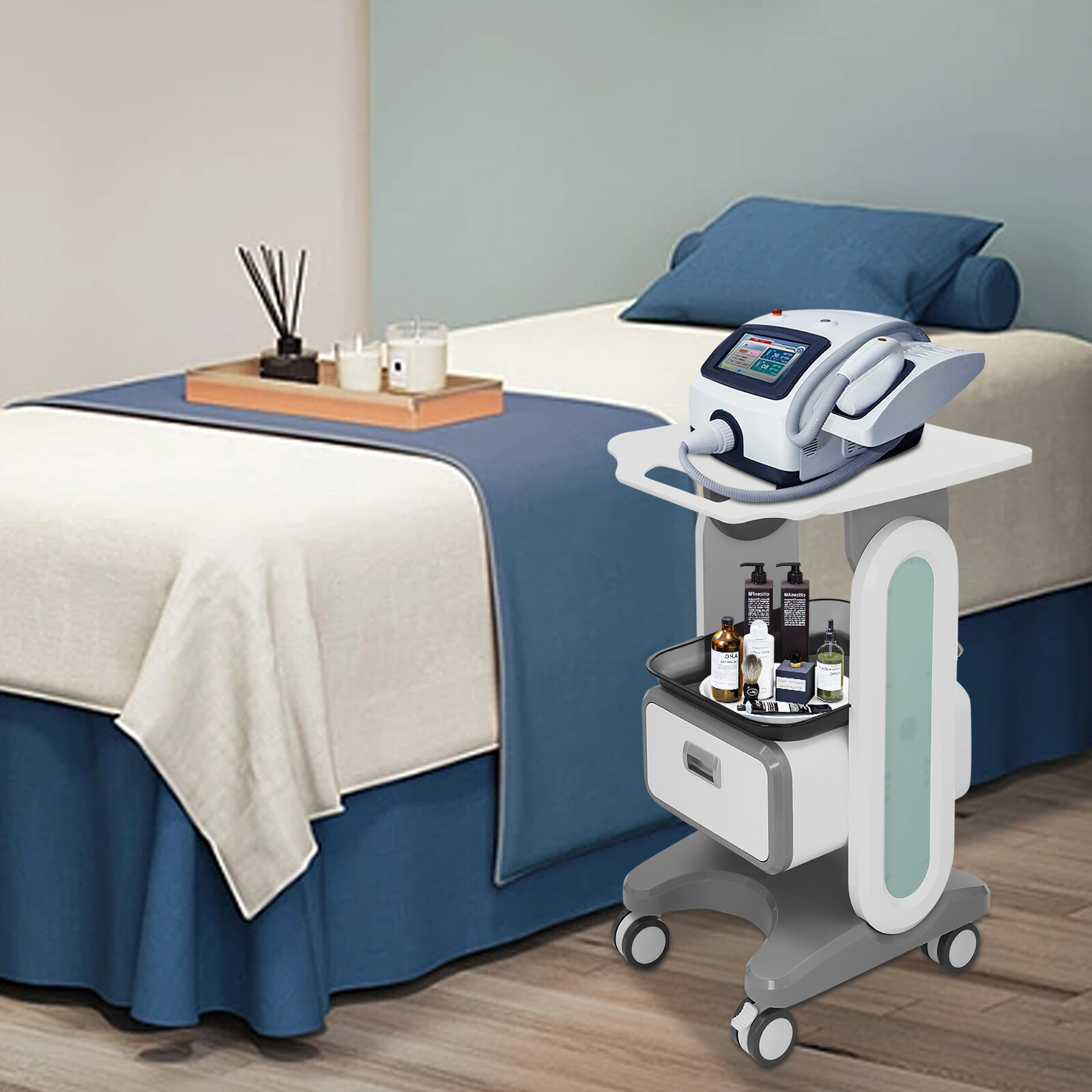 Mobile Medical Trolley Cart Rolling Cart w/ 1 Drawer & 2 Tray 4* Universal Wheel