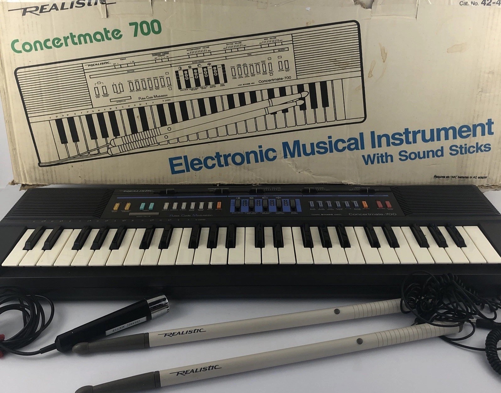 Vintage 1980s Realistic Concertmate 700 PCM Keyboard W/ Sound Sticks New Wave