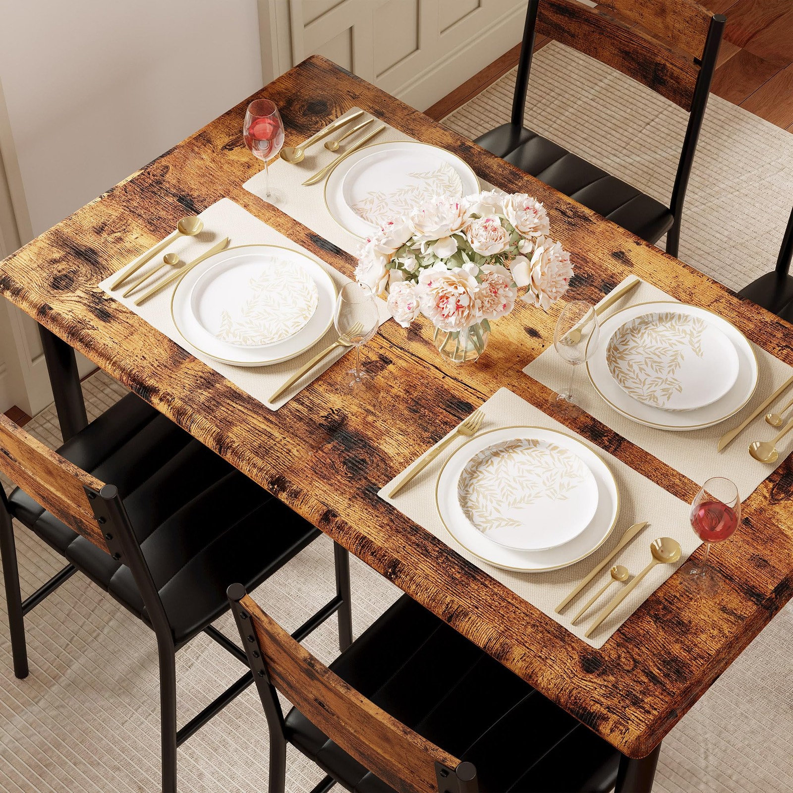 IRONCK Dining Table Set for 4, Wood Kitchen Table with Upholstered Chairs for Ki