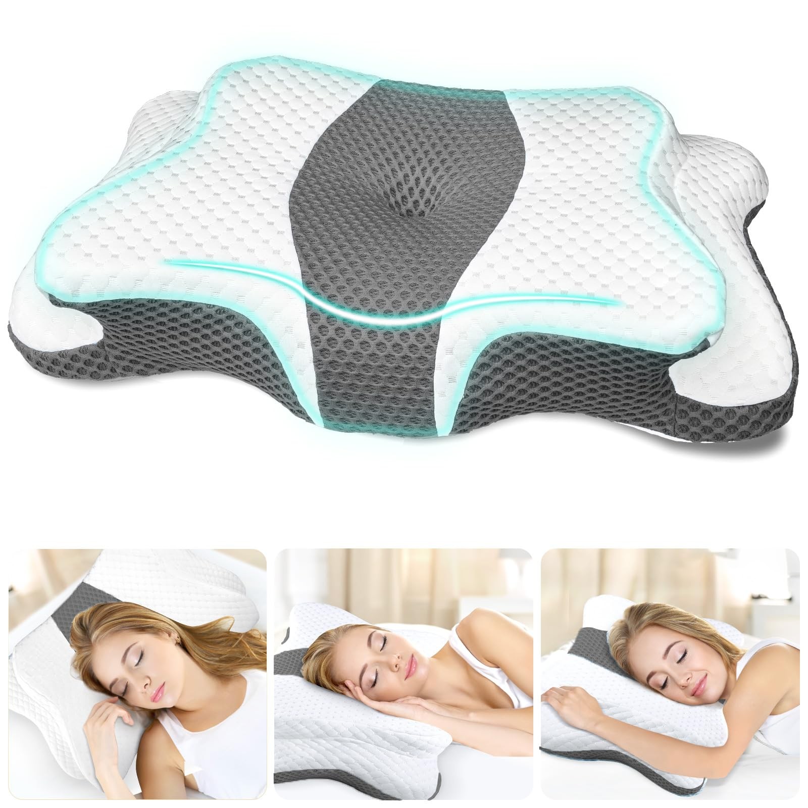CHxxy Memory Foam Pillows, Cervical Queen Size-24.8''Lx14.96''Wx5.78''H, Grey