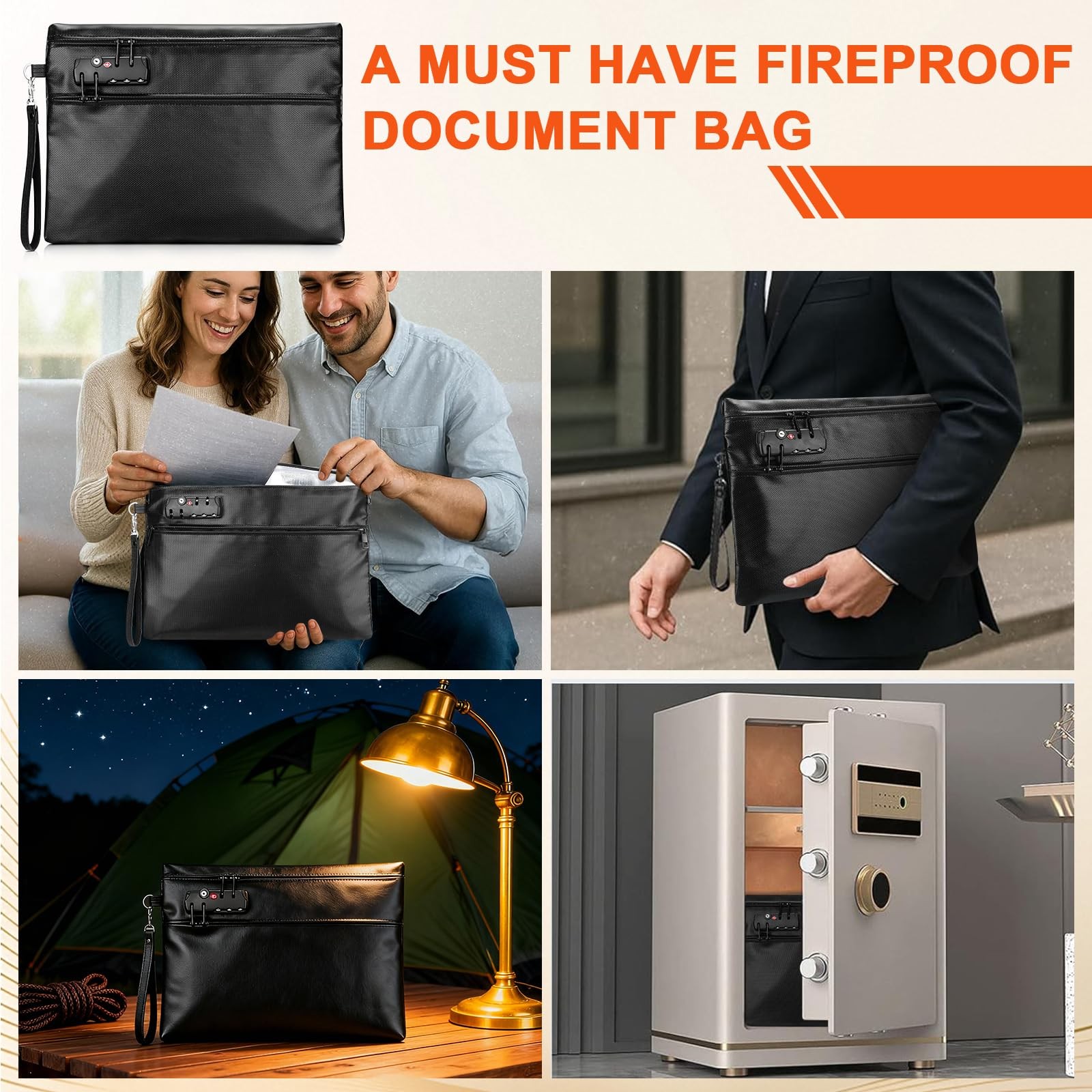 6400F Fireproof Document Bag with Combination Lock - Heat Resistant Money for