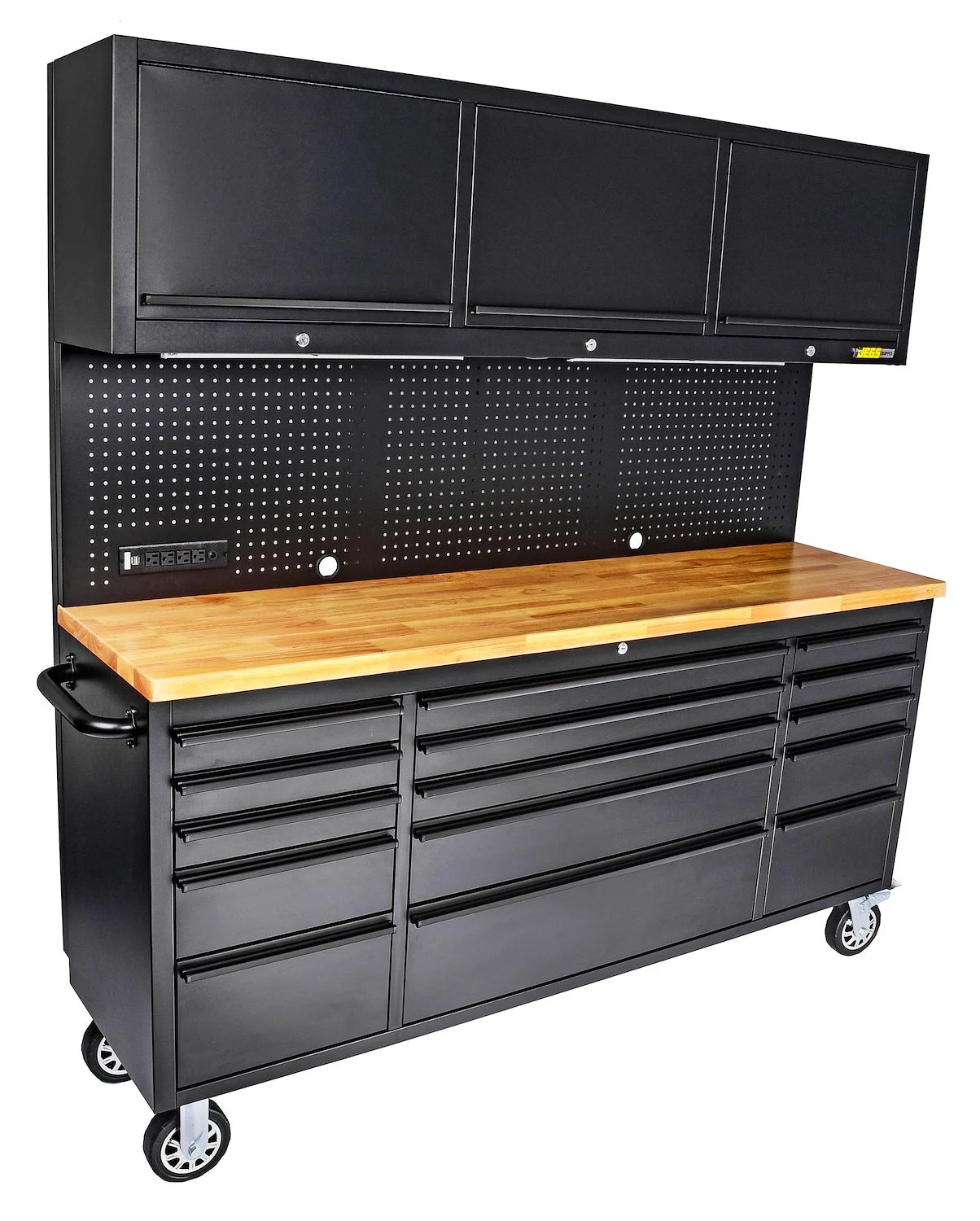 JEGS 72 in. 15-Drawer Rolling Tool Cabinet with Upper Storage [Black]