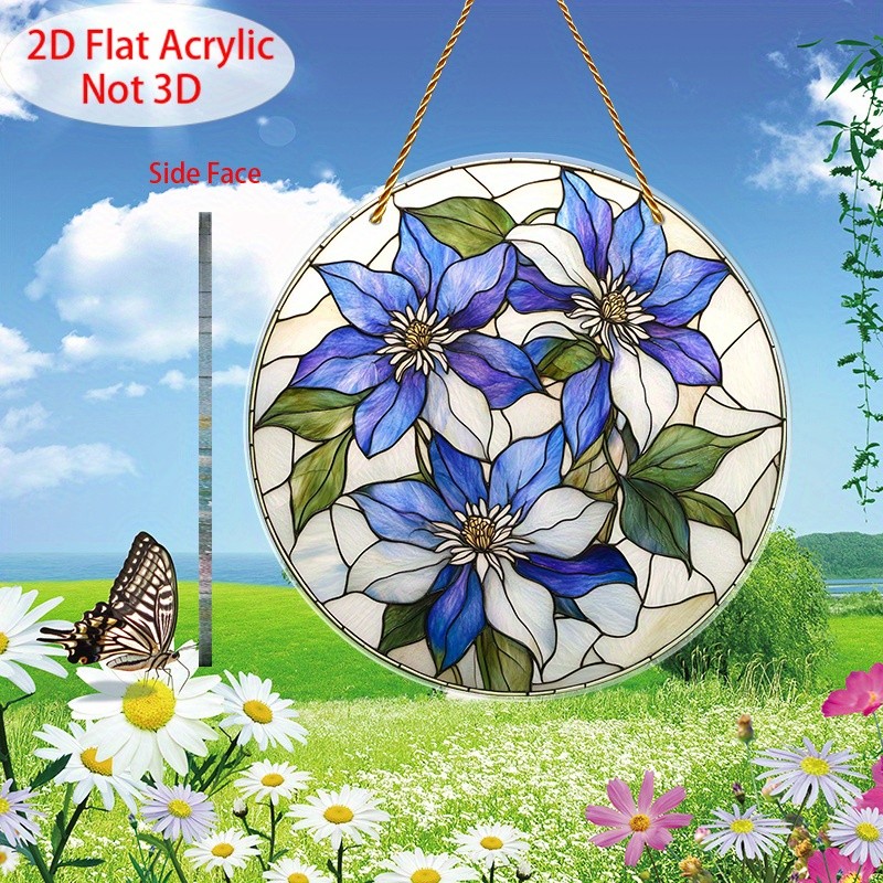 Blue Clematis Flowers Acrylic Suncatcher Whimsical Garden Boho Window Wall Decor