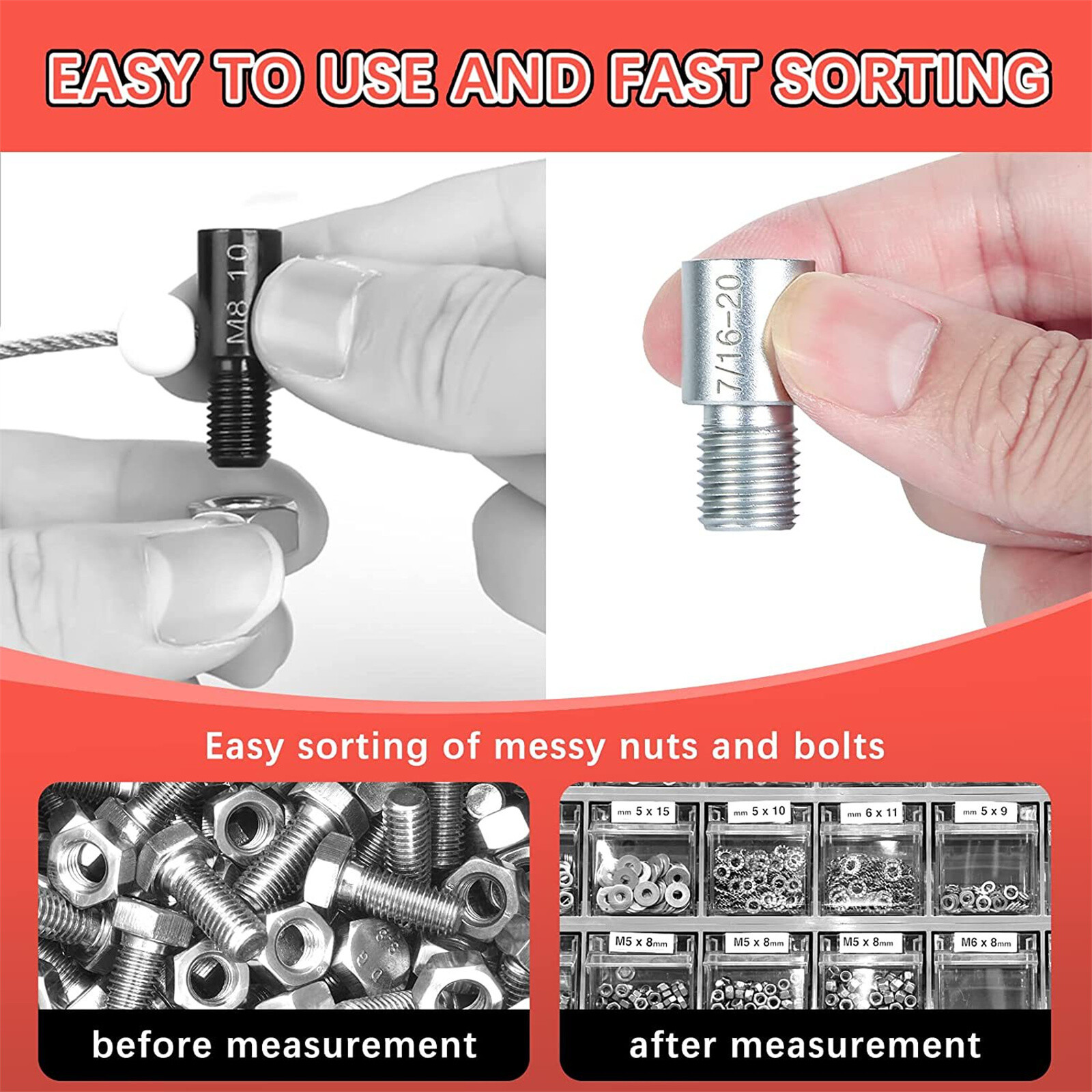 US 44pcs Nut & Bolt Thread Checker Identifier Inch & Metric Thread Gauges W/Box