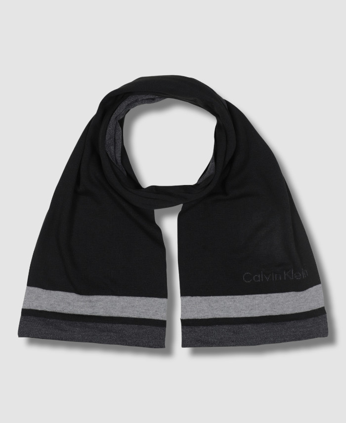 $56 Calvin Klein Men's Black Gray Striped Logo Reversible Scarf One Size