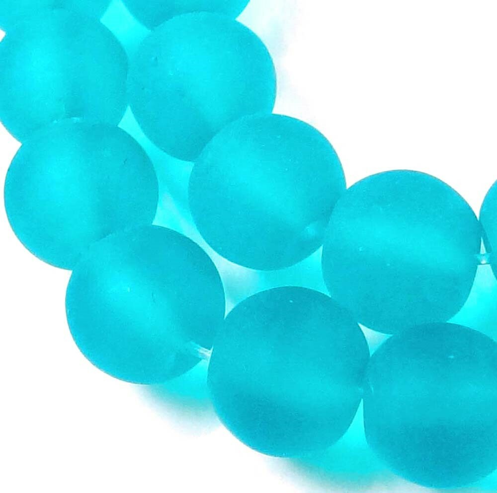 25 Frosted Sea Glass Round Beads Matte - Caribbean Blue 8mm