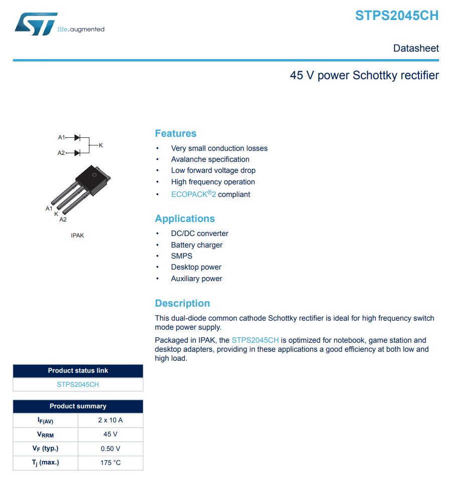 10X STPS2045CH S2045CH STMicroelectronics Power Schottky Rectifier 45V 20A IPAK