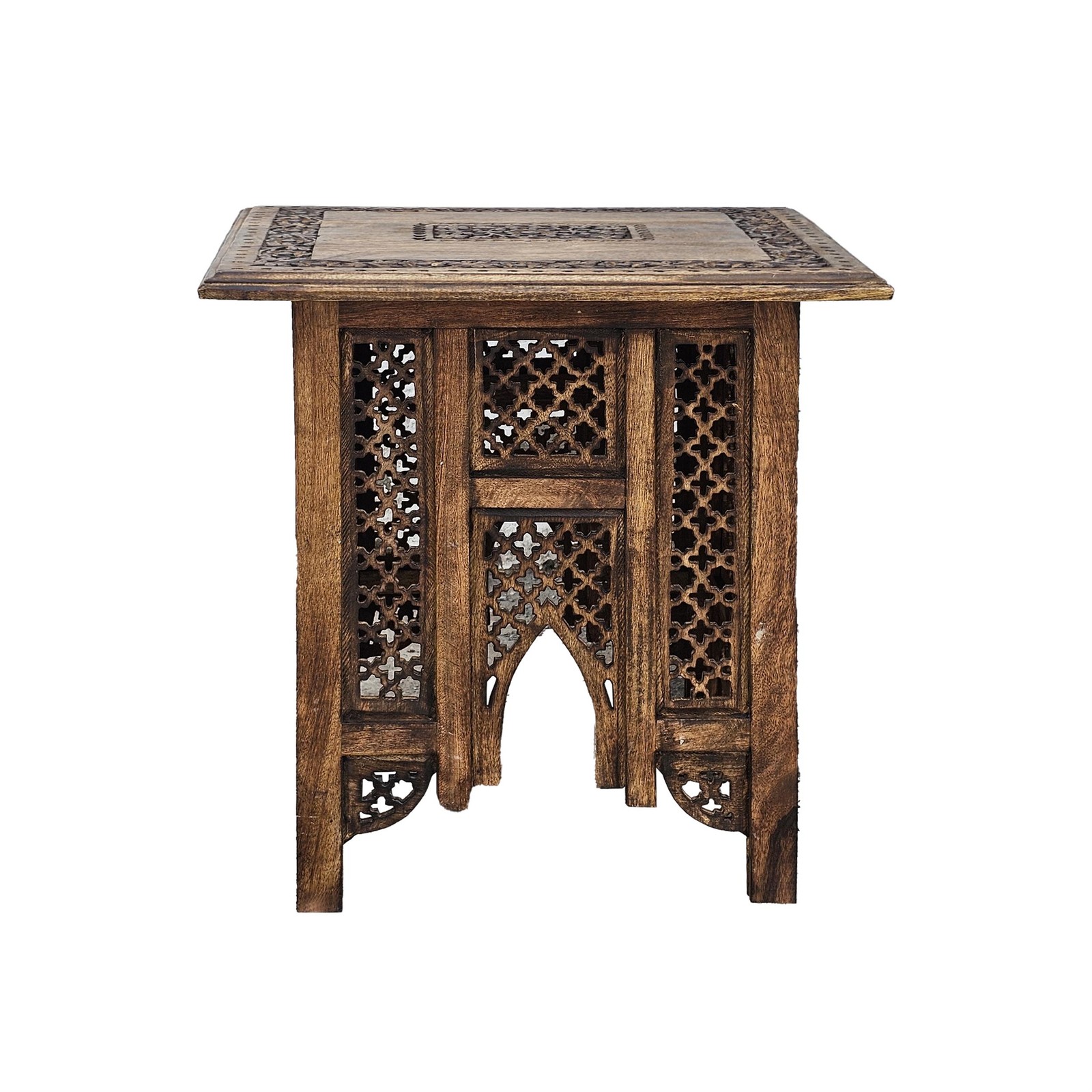 21 Inch Boho Side End Table- Floral Carved Details- Foldable Panel Legs