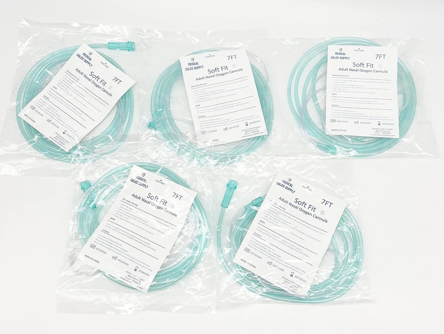 5 Pack - Super Soft Touch Vinyl Nasal Oxygen Cannula, Cushion Tip, Adult, 7' Sta